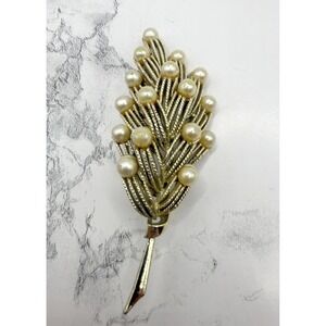 Vintage Gold Tone Faux Pearl Wheat Sheaf Brooch 3.25" Leaf Spray Pin